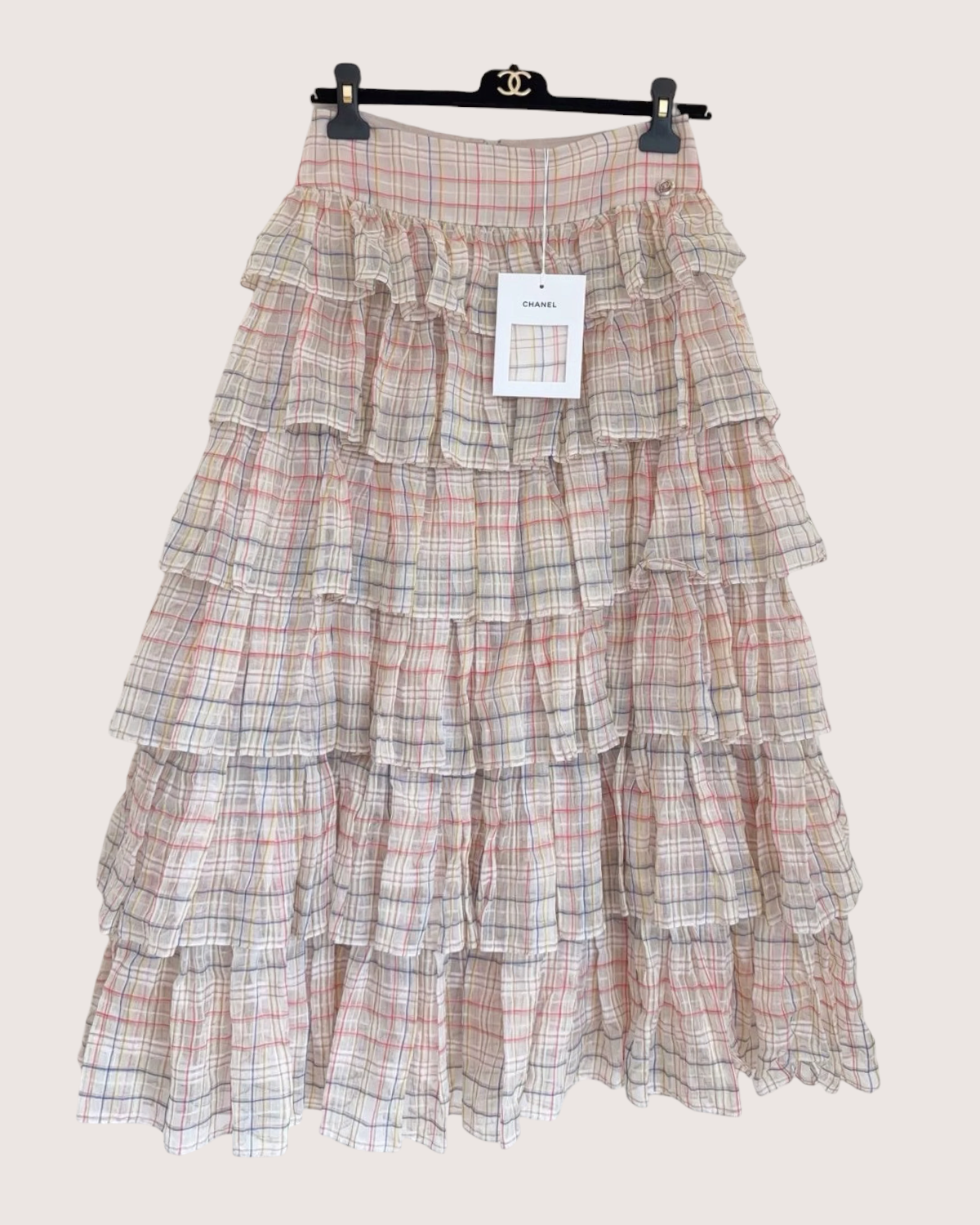 Chanel 20C Plaid Ruffled Mid-Length Skirt Pink, Beige/Ecru, Multicolor FR 36