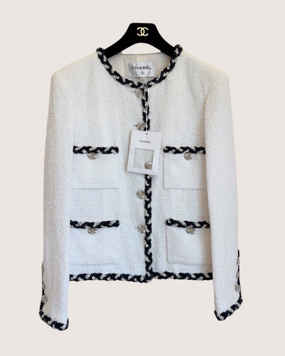 Chanel 23C Braided-Trim Four-Pocket Tweed Jacket White, Navy FR 38