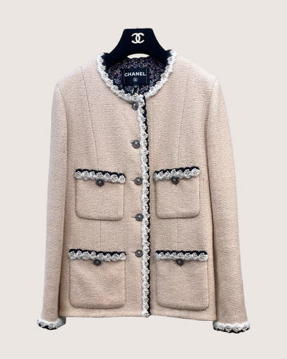 Chanel 24A Pearl-Trim Four-Pocket Tweed Jacket Beige/Ecru FR 38