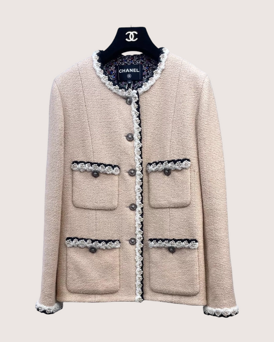 Chanel 24A Pearl-Trim Four-Pocket Tweed Jacket Beige/Ecru FR 38