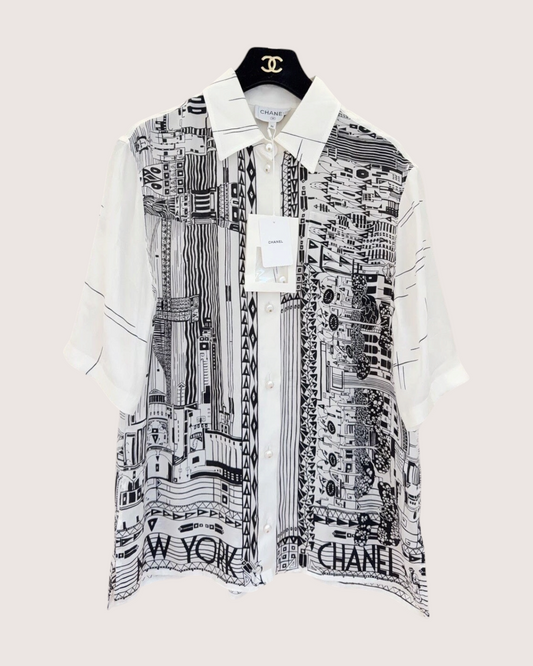 Chanel 26B New York Print Shirt White, Black FR 36