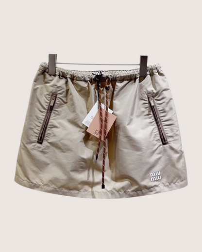 Miu Miu Drawstring Nylon Mini Skirt Beige/Ecru FR 34