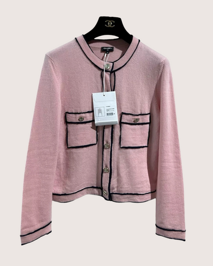 Chanel 21S Cashmere Contrast-Trim Cardigan Pink, Black FR 38