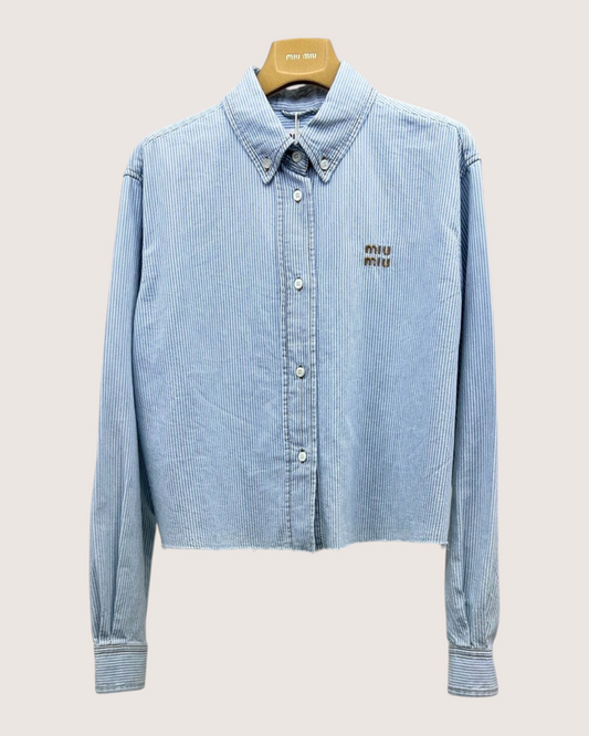 Miu Miu Cropped Striped Logo Shirt Blue, White FR 38