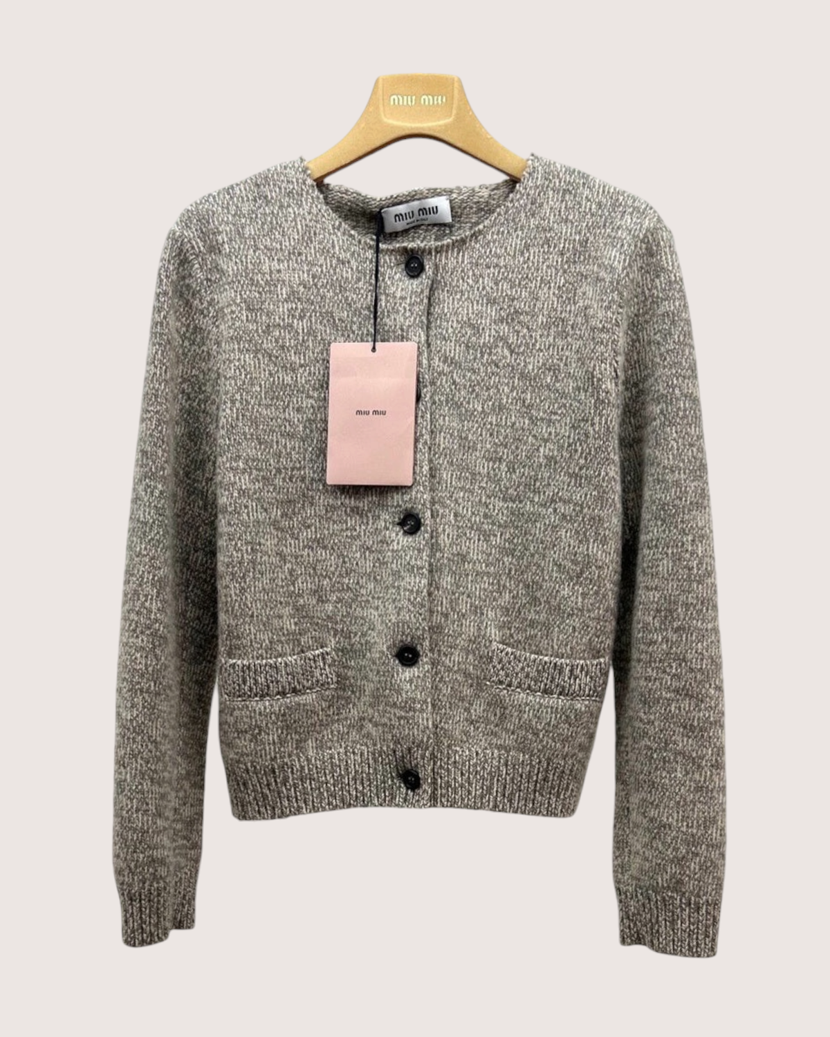 Miu Miu Wool Marled Logo Cardigan Grey, Beige/Ecru IT 36