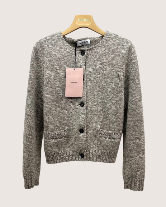 Miu Miu Wool Marled Logo Cardigan Grey, Beige/Ecru IT 36