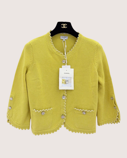 Chanel 25C Cashmere Scalloped Cardigan Yellow, White FR 34