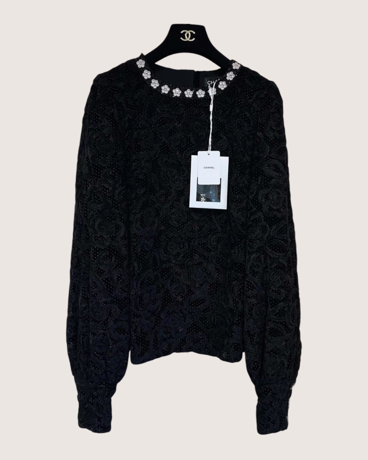 Chanel 23K Camellia Sequin-Trim Velvet Sweater