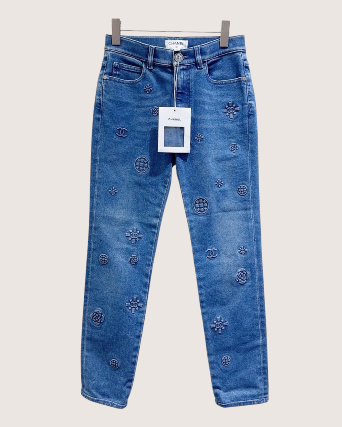 Chanel 21P CC Logo Skinny Denim Jeans Blue FR 36