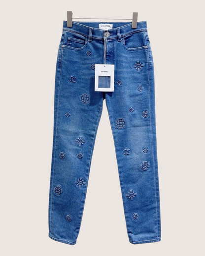 Chanel 21P CC Logo Skinny Denim Jeans Blue FR 36