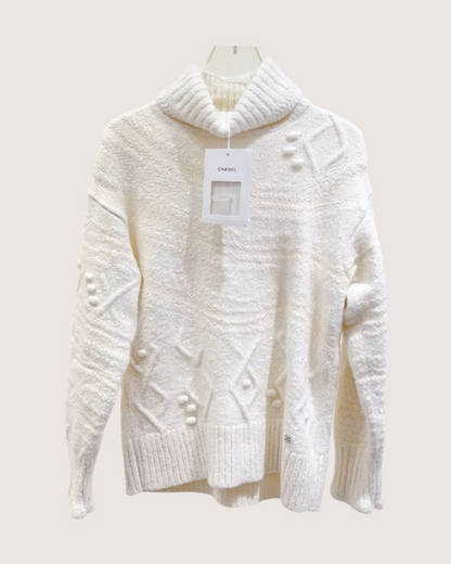 Chanel 23N Coco Neige Wool Bouclé Turtleneck Sweater White FR 36