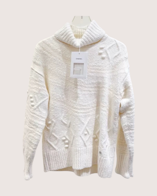 Chanel 23N Coco Neige Wool Bouclé Turtleneck Sweater White FR 36