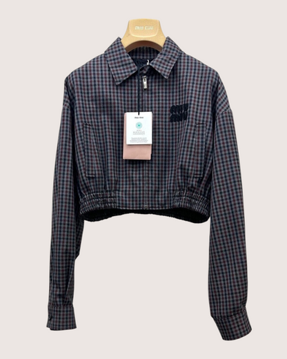 Miu Miu Wool Plaid Cropped Logo Jacket Grey, Navy, Burgundy IT 38