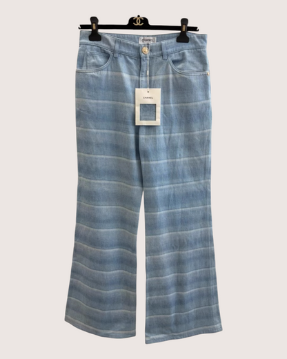 Chanel 26C Striped Wide-Leg Denim Jeans Blue, White FR 38