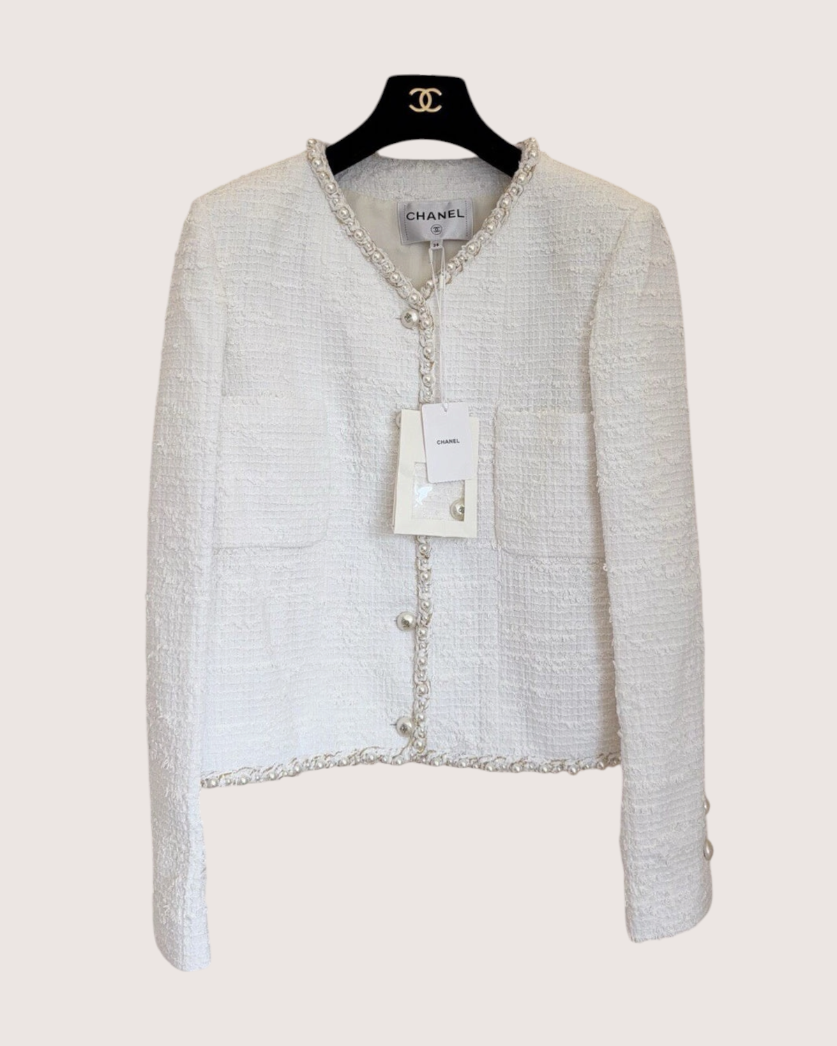 Chanel 25P Chain-Trim Tweed Jacket White FR 34