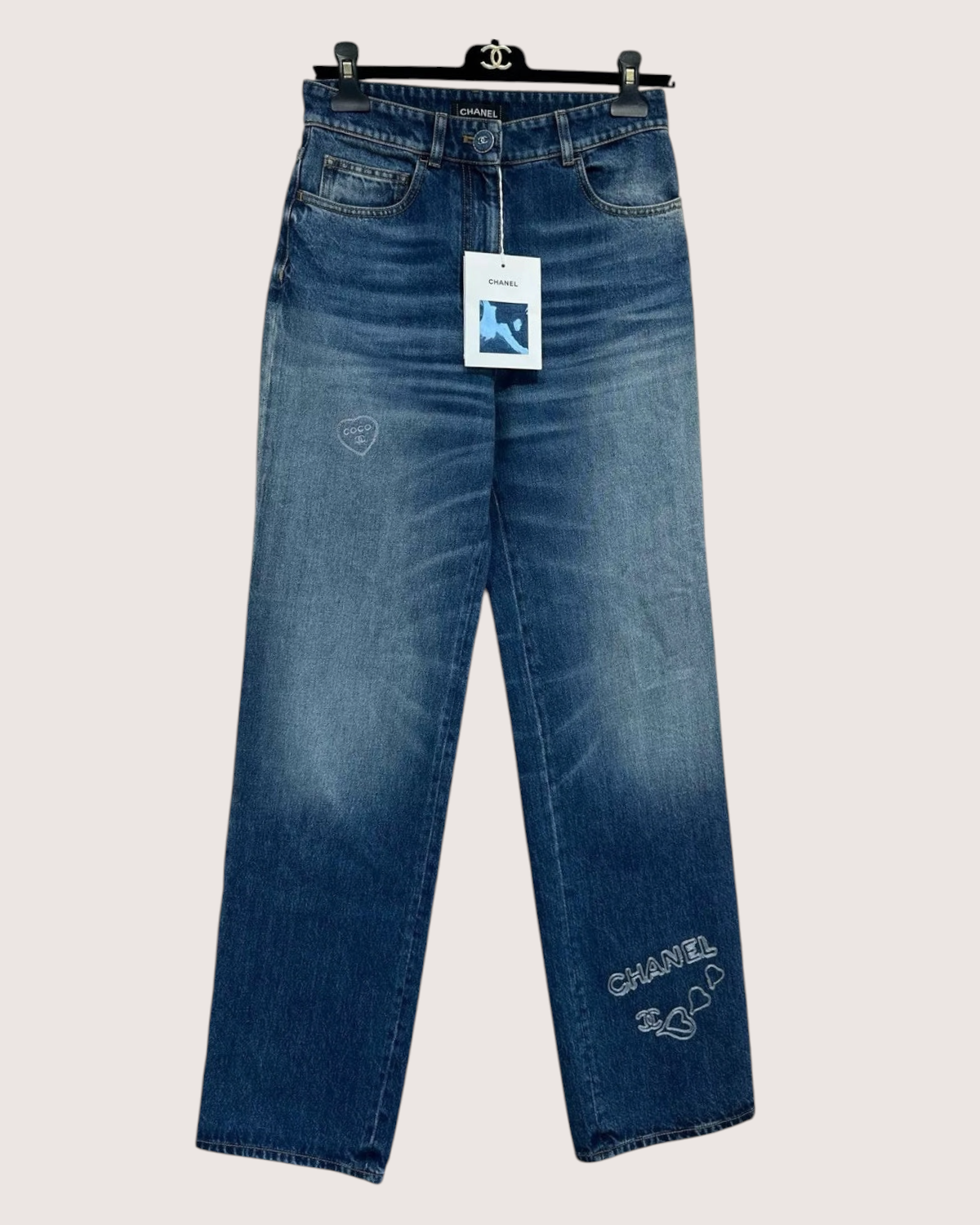 Chanel 24B Logo Heart Straight Denim Jeans Blue FR 38