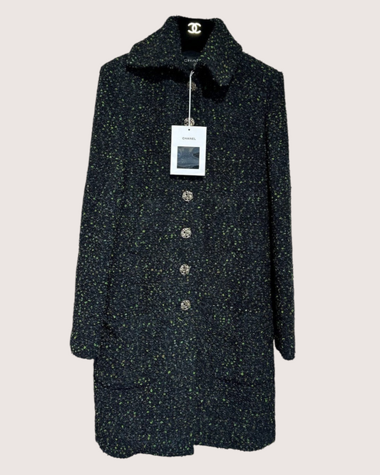 Chanel 18K Tweed Coat Black, Green FR 38