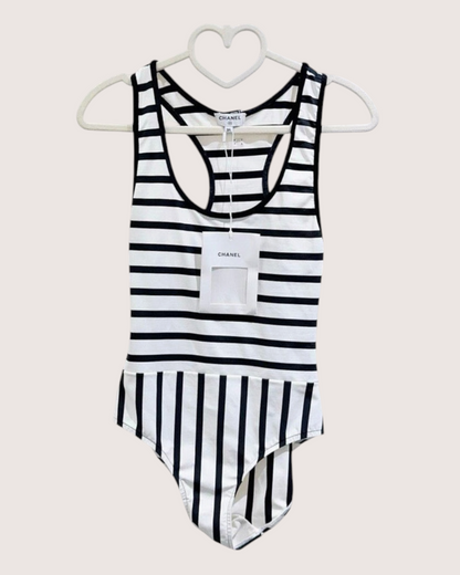 Chanel Striped One-Piece Swimsuit Black, White FR 34