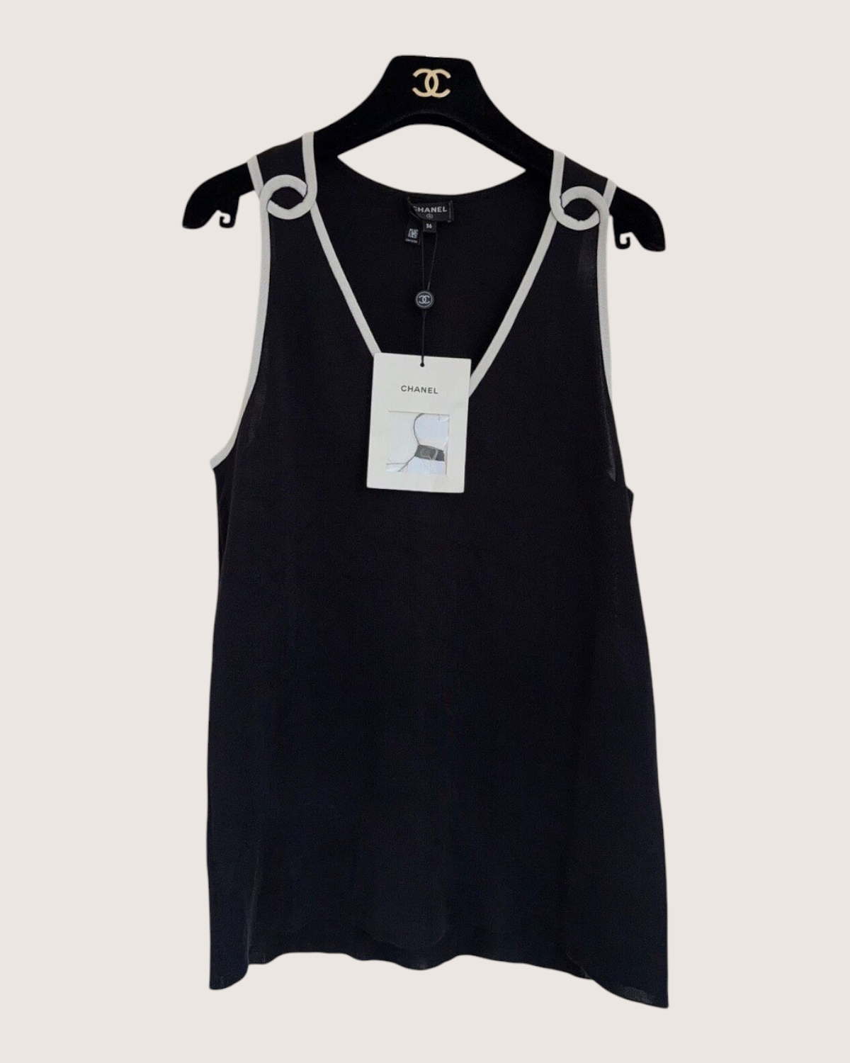 Chanel 26S Contrast-Trim V-Neck Tank Top Black, White FR 36