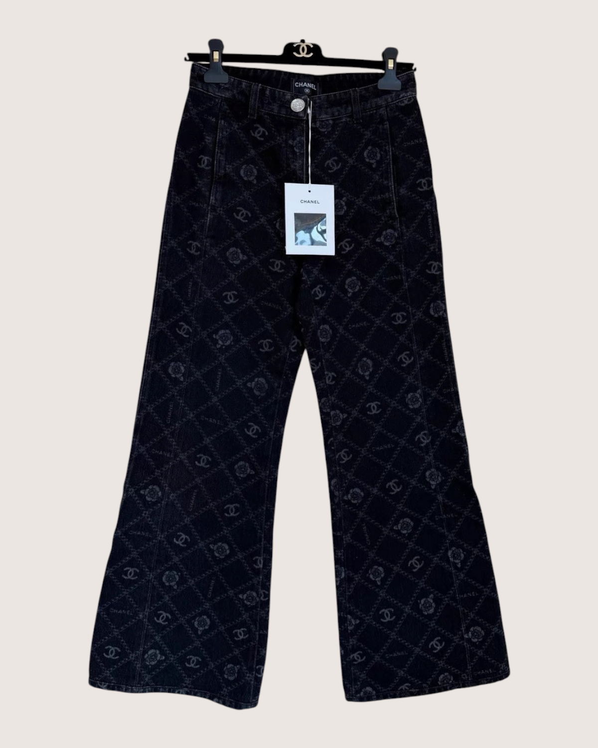 Chanel 23A Camellia Wide-Leg Denim Jeans