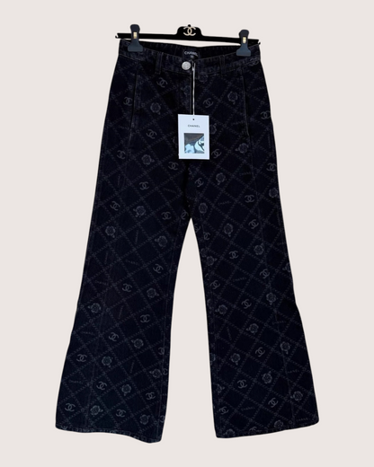Chanel 23A Camellia Wide-Leg Denim Jeans
