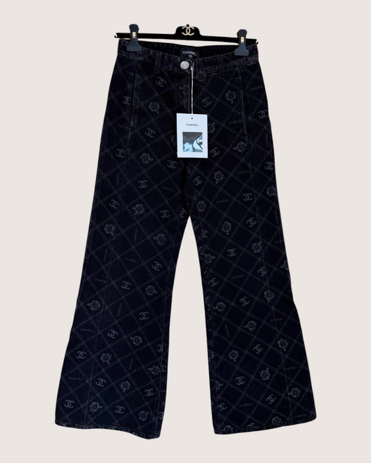 Chanel 23A Camellia Wide-Leg Denim Jeans Black FR 34