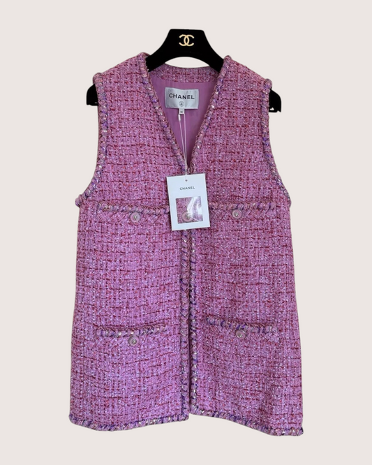 Chanel 22P Braid-Trim Tweed Vest Pink FR 36