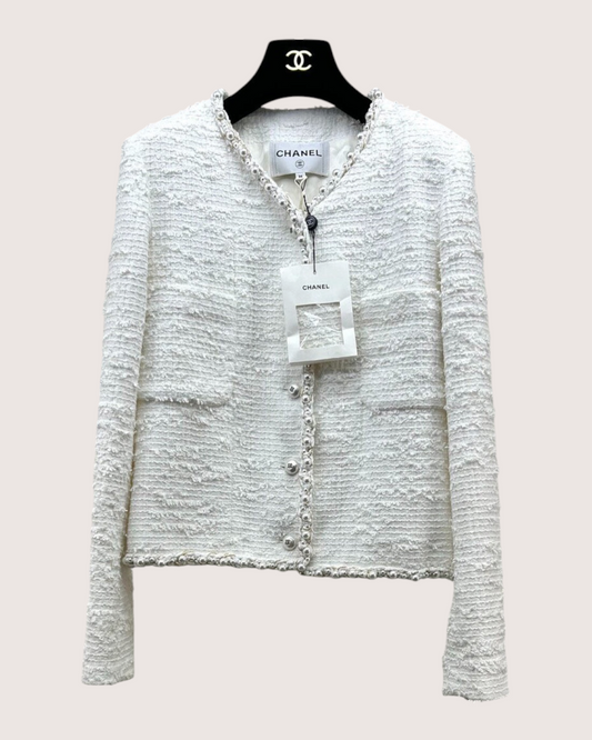 Chanel 25P Pearl Tweed Jacket White FR 36