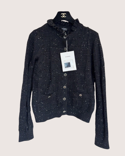 Chanel 25A Cashmere Openwork Cardigan Black, White FR 38