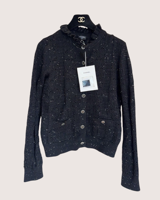 Chanel 25A Cashmere Openwork Cardigan Black, White FR 38