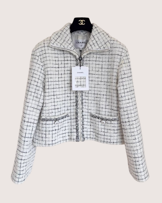 Chanel 21B Plaid Zip-Up Tweed Jacket - White, Black, Grey