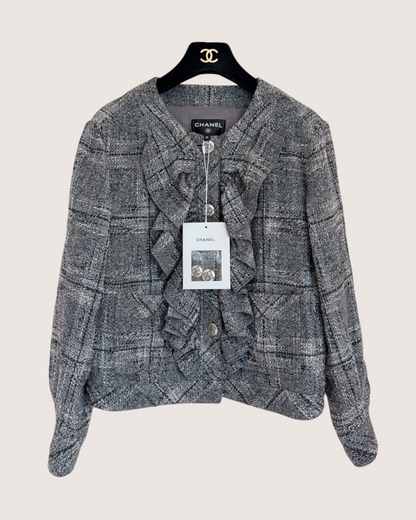 Chanel 19P Ruffled Tweed Jacket Grey, White FR 36