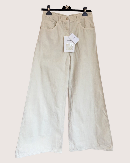 Chanel 26C Wide-Leg Denim Jeans Beige/Ecru FR 36
