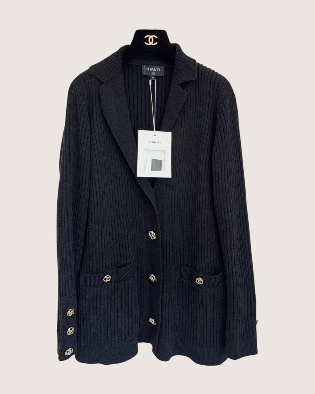 Chanel 20P CC-Button Ribbed Cardigan Black FR 36