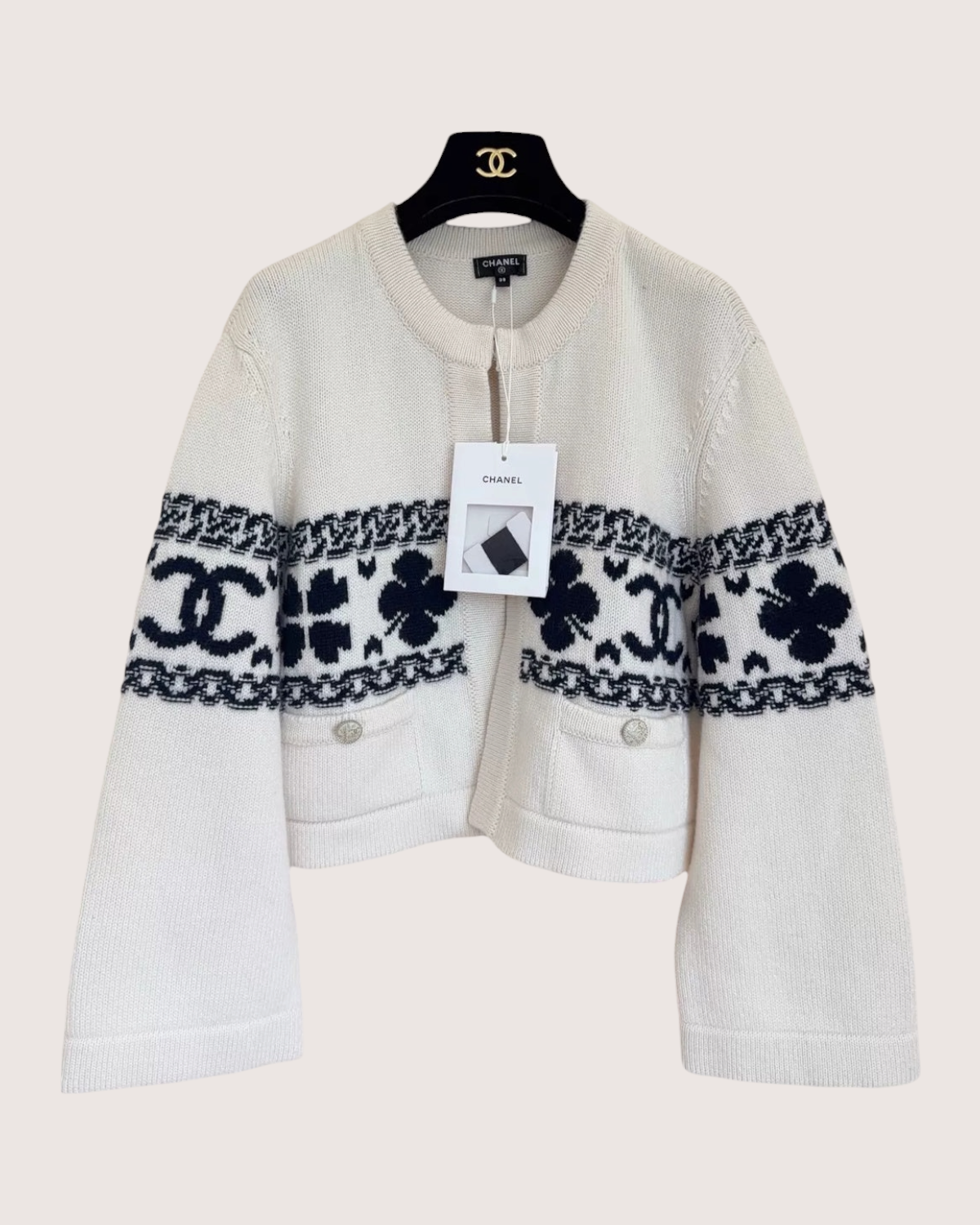 Chanel 20P Clover Cashmere Cardigan White, Navy, Beige/Ecru FR 38
