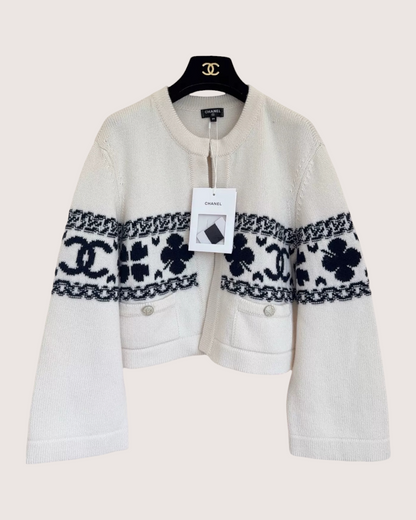Chanel 20P Clover Cashmere Cardigan White, Navy, Beige/Ecru FR 38