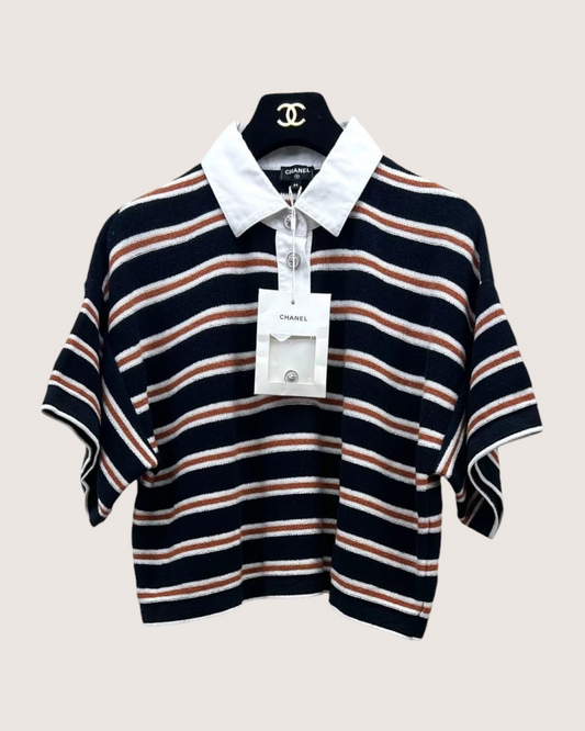 Chanel 26C Striped Polo Top - Black, Brown, White