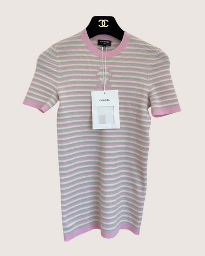Chanel 25B Striped Short-Sleeve Sweater Pink, Green, White FR 34