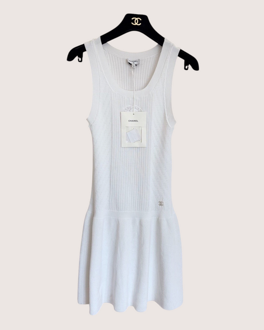 Chanel 25B CC Ribbed Tank Mini Dress White FR 34