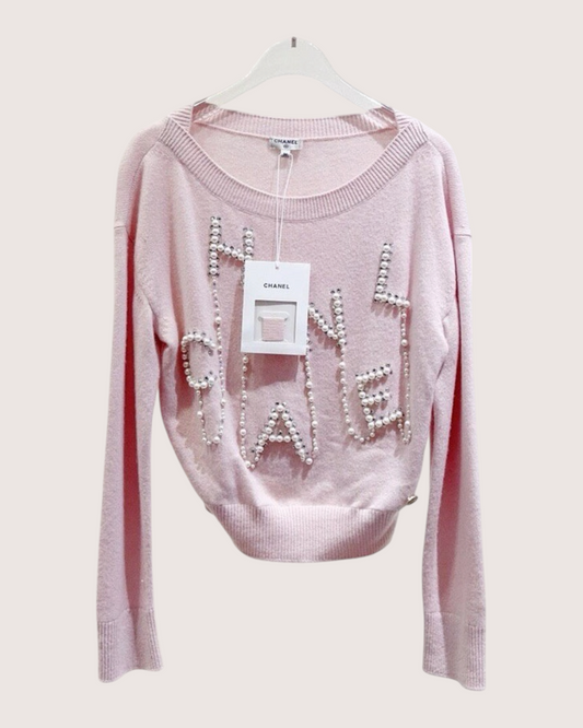 Chanel 21S Cashmere Pearl Logo Cropped Sweater Pink, White FR 36