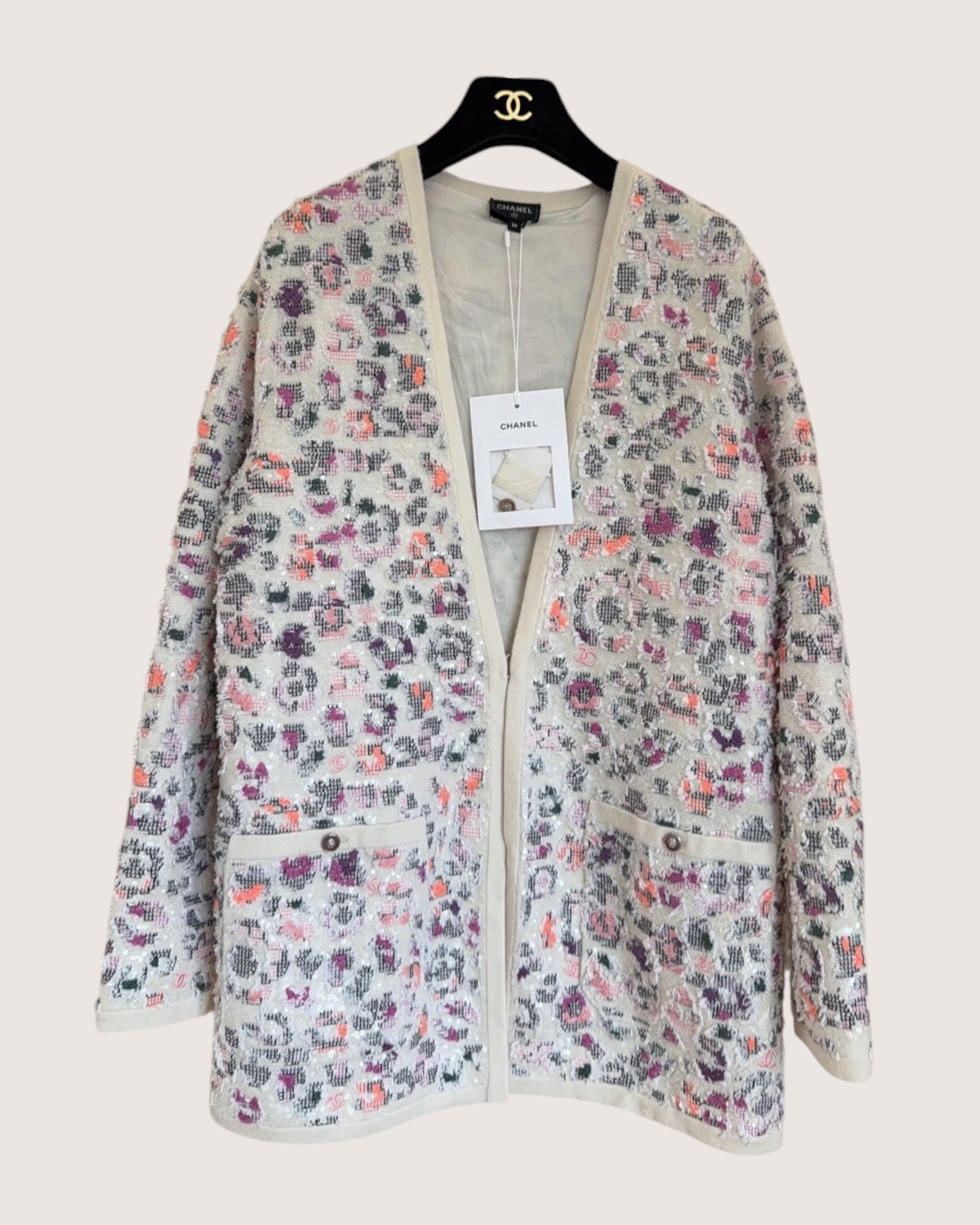 Chanel 22P Cashmere Sequin Floral Cardigan Beige/Ecru, Multicolor FR 36