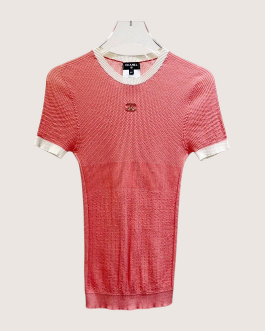 Chanel Crystal CC Short-Sleeve Top Pink, White FR 38
