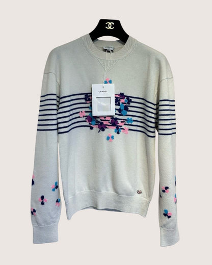Chanel 24P Cashmere CC Floral Stripe Sweater Beige/Ecru, Navy, Multicolor FR 34
