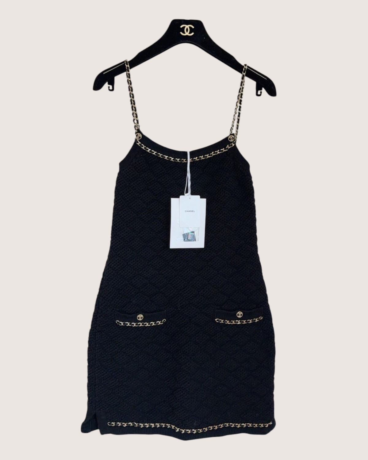 Chanel 23B Cashmere Chain-Trim Mini Dress Black, Gold FR 34