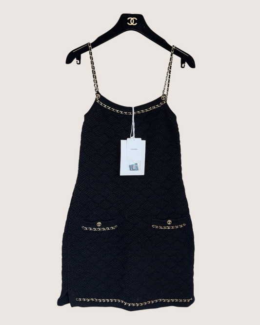 Chanel 23B Cashmere Chain-Trim Mini Dress Black, Gold FR 34
