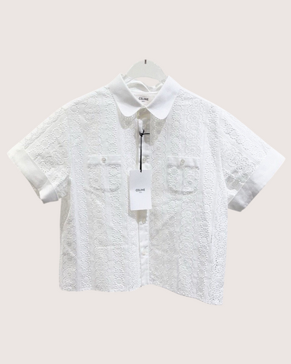 Celine Triomphe Eyelet Short-Sleeve Shirt White FR 38
