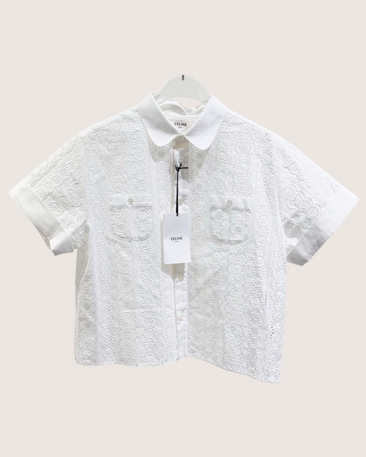 Celine Triomphe Eyelet Short-Sleeve Shirt White FR 38