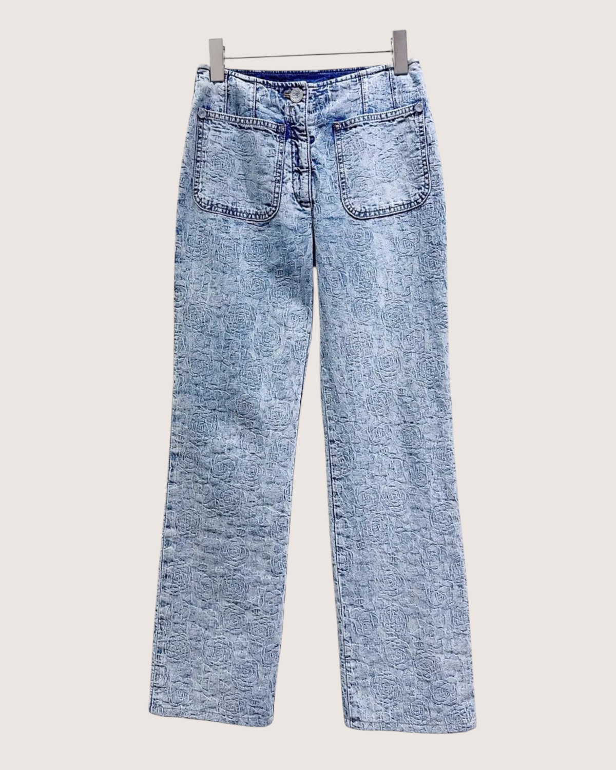 Chanel 23P Camellia Straight Denim Jeans Blue, White FR 34