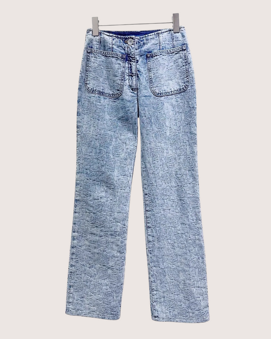 Chanel 23P Camellia Straight Denim Jeans Blue, White FR 34