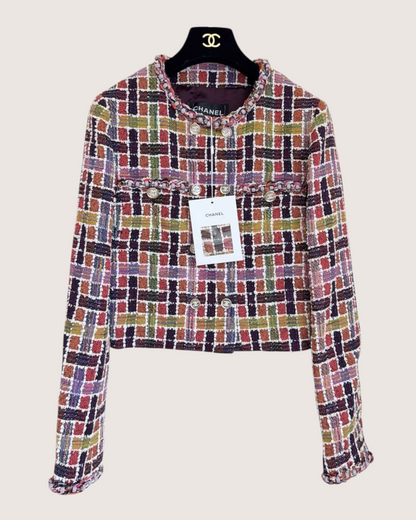 Chanel 23A Cropped Mosaic Tweed Jacket Red, Burgundy, Multicolor FR 36